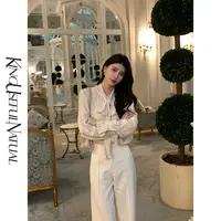 KUN【旧梦】优雅俬服 定制微光泽细斜纹宽松慵懒米色飘带衬衫上衣