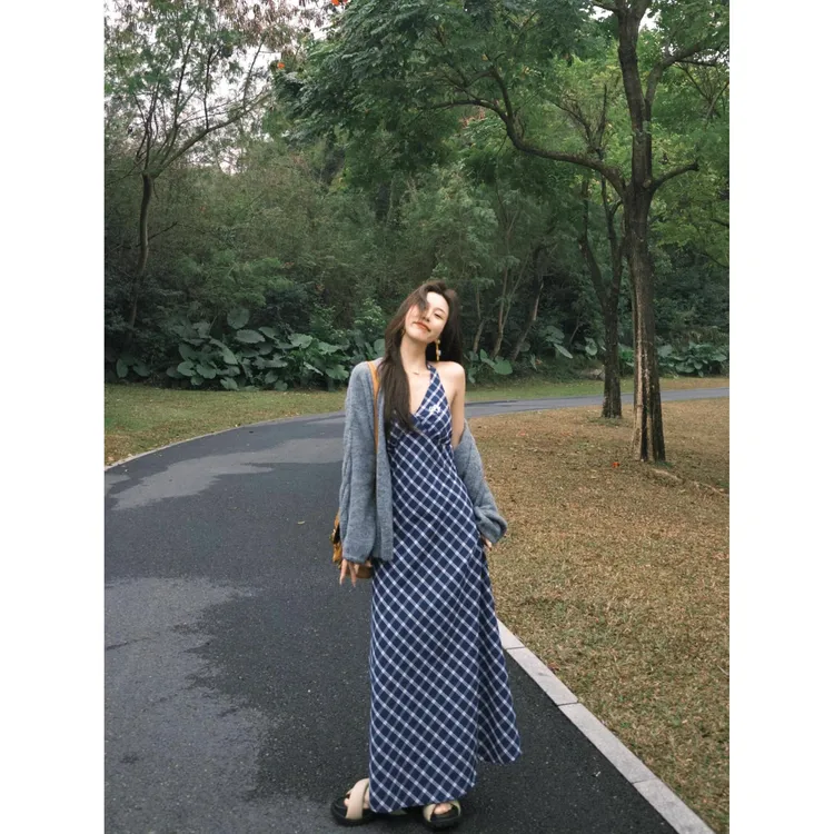 MARIE.COCO法式套装女时尚蓝格子挂脖吊带连衣裙慵懒风衣外套套装