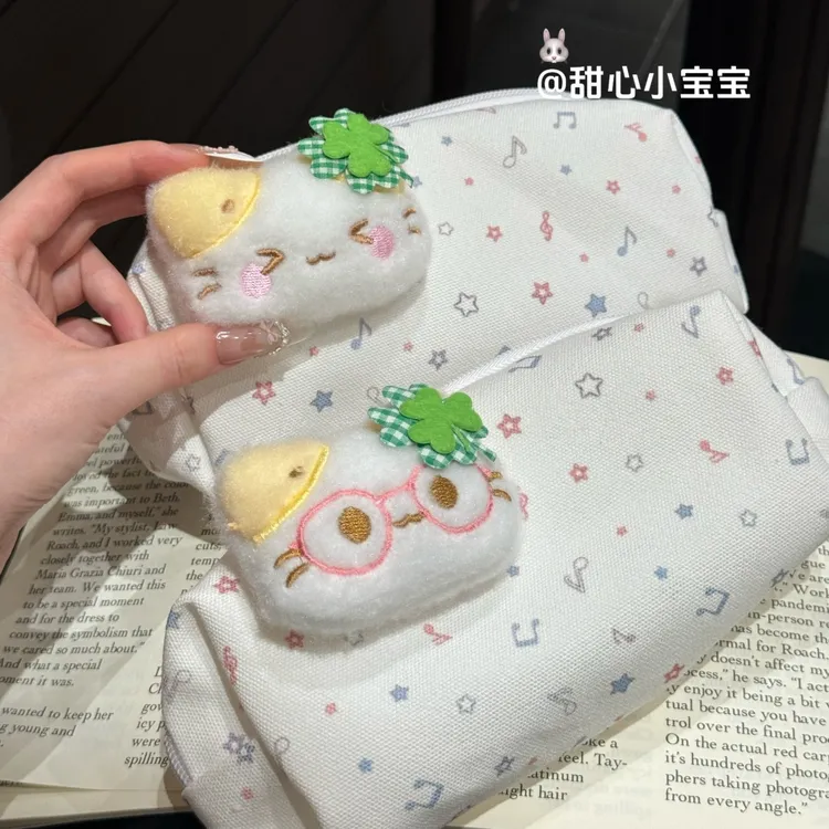 四叶草猫咪高颜值笔袋可爱幸运音符ins大容量桌面学生文具收纳袋