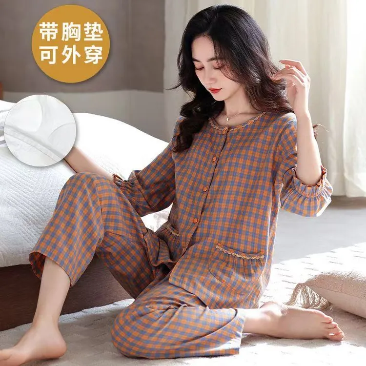 时尚格子带胸垫睡衣女士春秋款秋季七分袖韩版夏季薄款高级感套装