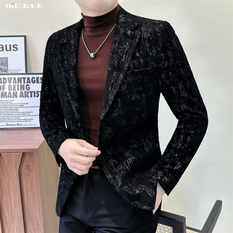 高级感暗纹提花丝绒西装男士轻奢修身礼服商务休闲男士西服外套