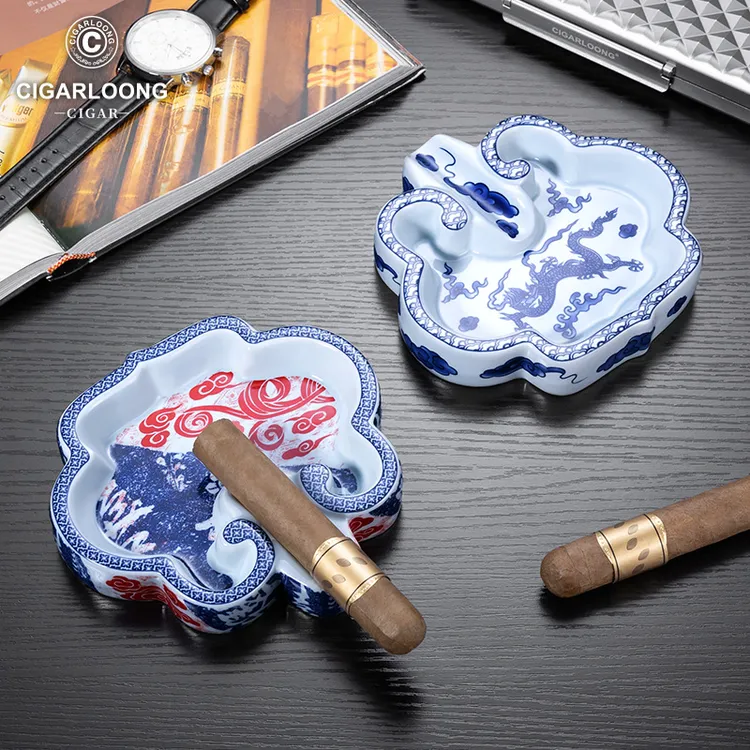 茄龙烟灰缸复古新中式青花陶瓷家用办公室国风雪茄烟灰缸CG-25DQ