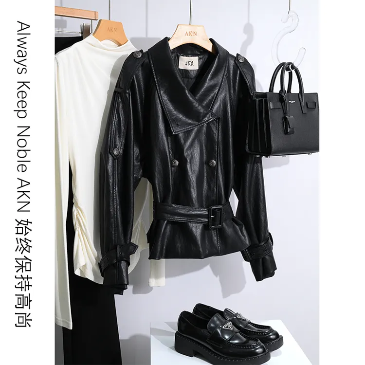 艾珂妮8061【皮衣外套】法式秋冬男友风翻领系带黑色皮衣外套