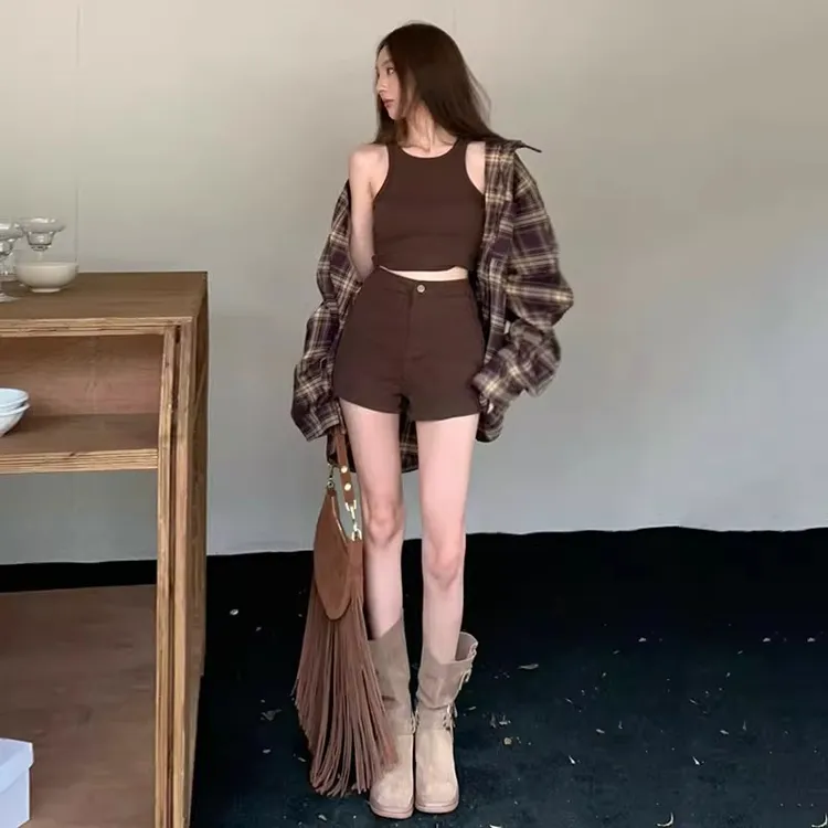 美拉德咖色格子衬衫女早秋韩系穿搭慵懒风衬衣外套小个子上衣开衫