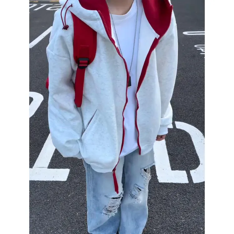 白灰色连帽开衫卫衣男秋季拉链撞色拼接休闲夹克cleanfit短款外套