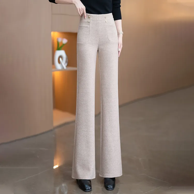 啄木鸟加绒毛呢微喇裤女秋冬新款高腰加厚垂感休闲窄版直筒喇叭裤