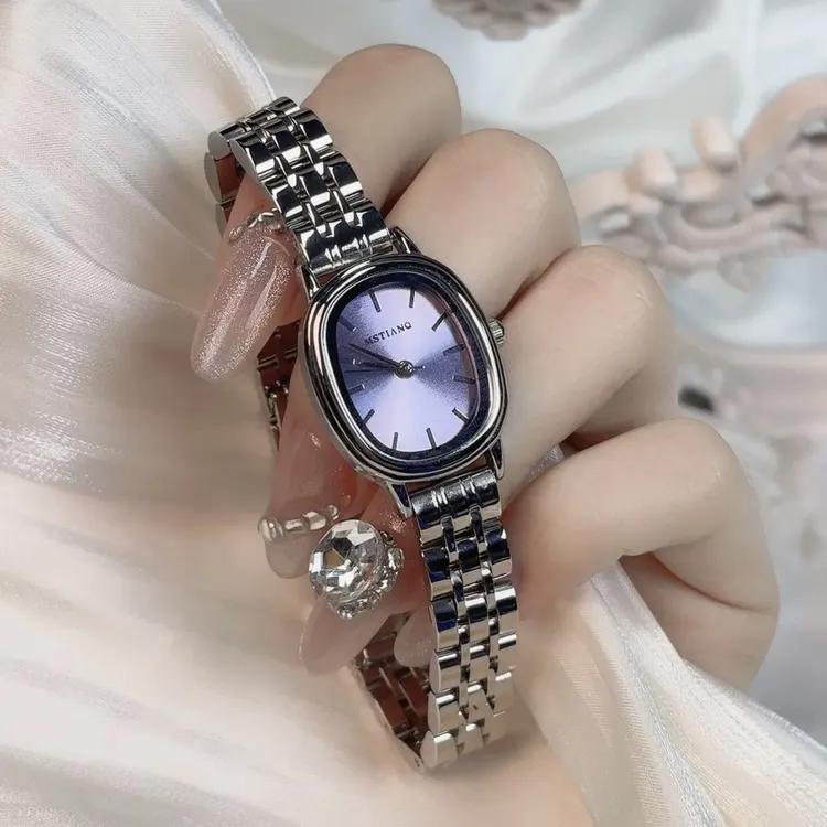 椭圆形紫色表盘女士手表轻奢气质钢带通勤时尚腕表AL6871