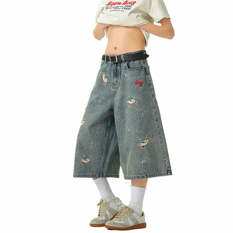 小狗刺绣七分牛仔短裤男女同款夏季美式复古阔腿裤子高街显瘦中裤