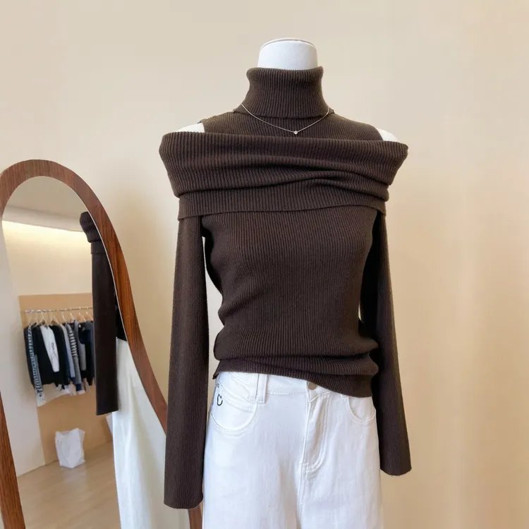 咖色高领露肩长袖针织打底衫女内搭秋冬法式短款毛衣修身显瘦上衣
