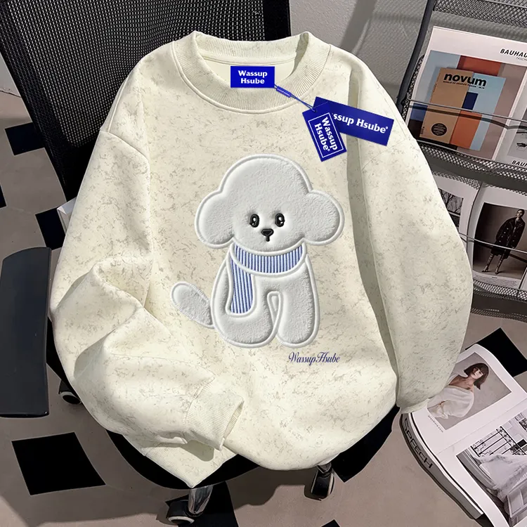 WASSUP HSUBE小众趣味小狗情侣卫衣重磅美式设计感扎染圆领上衣服