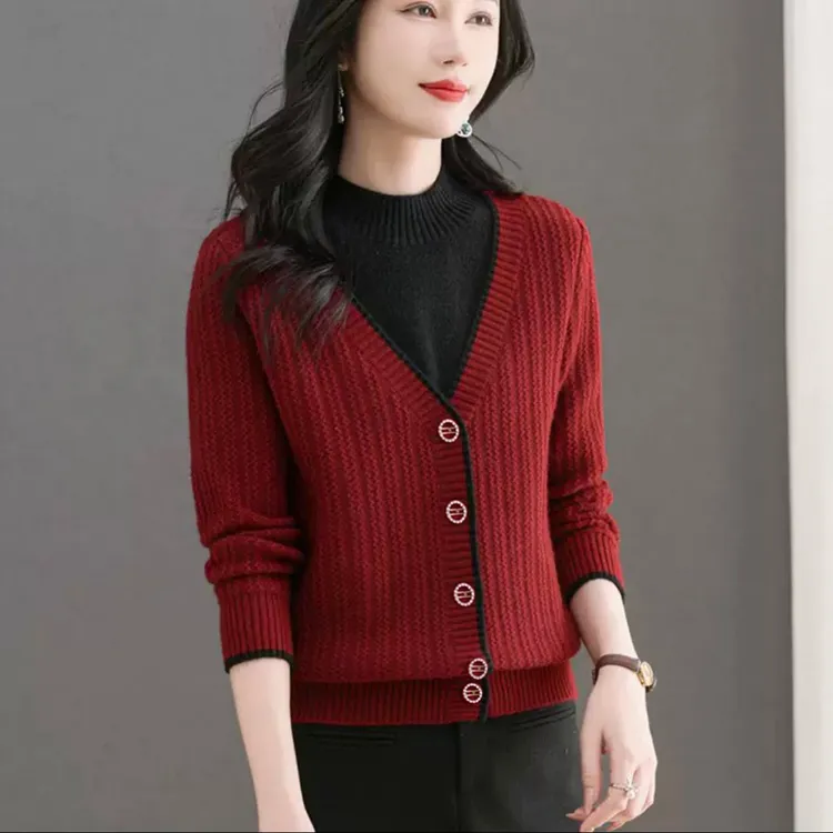 【现货】200斤可穿长袖毛衣女2025新款假两件假开衫长袖半高领Y68