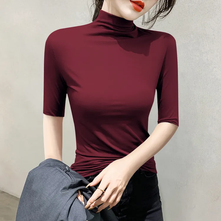 新款莫代尔安克拉红半高领打底衫夏季韩版修身内搭半袖t恤女上衣