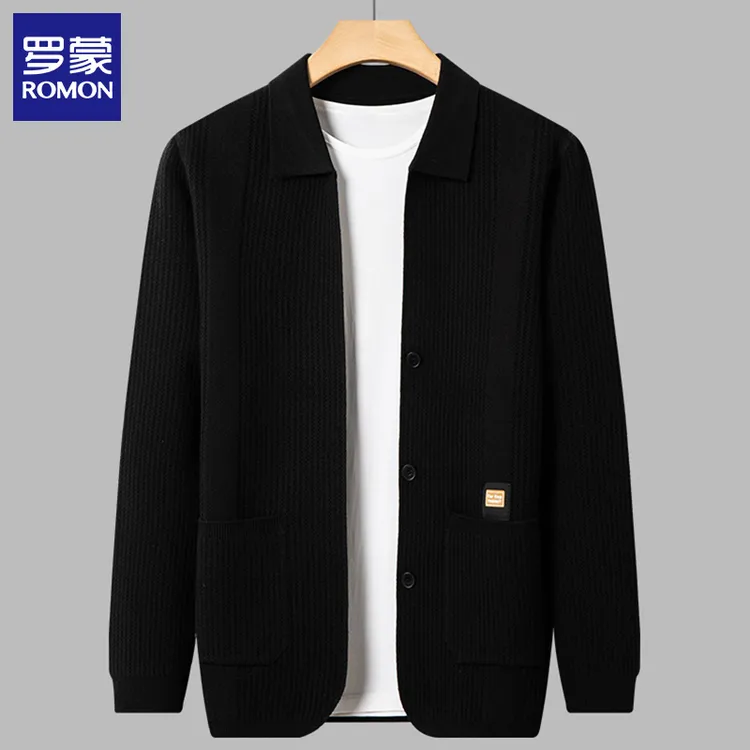 罗蒙针织开衫外套男士春秋2025新款纯色百搭翻领休闲宽松韩版毛衣