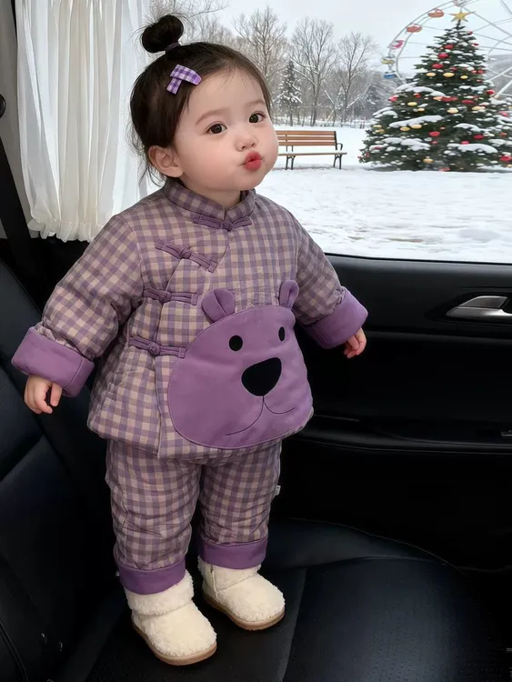 幼儿棉服加厚保暖卡通格子夹棉套装宝宝舒适百搭背带裤分体两件套
