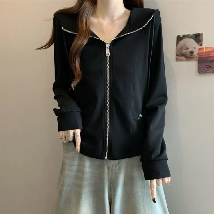 大码遮肚子双拉链连帽卫衣女春秋微胖MM宽松显瘦百搭洋气长袖上衣