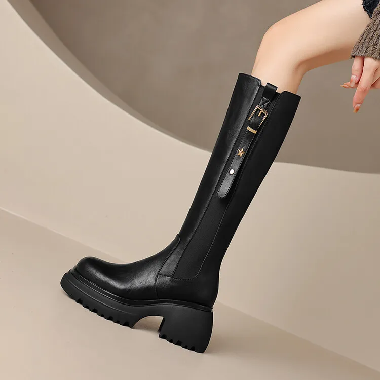 牛皮 7cm跟 大小筒围骑士长靴专柜新款小个子增高厚底单里长靴