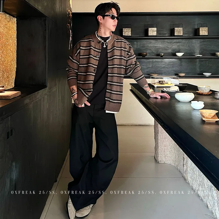 OXFREAK「韩系通勤 假两件」秋冬撞色条纹毛衣男宽松针织外套潮牌