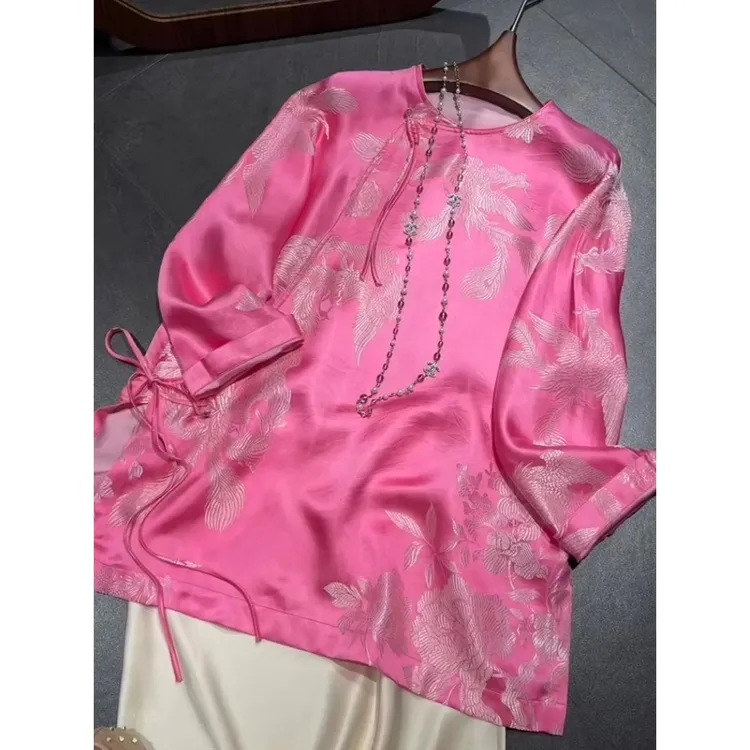 新中式国风粉色提花衬衫女装2025新款独特漂亮减龄款改良唐装上衣