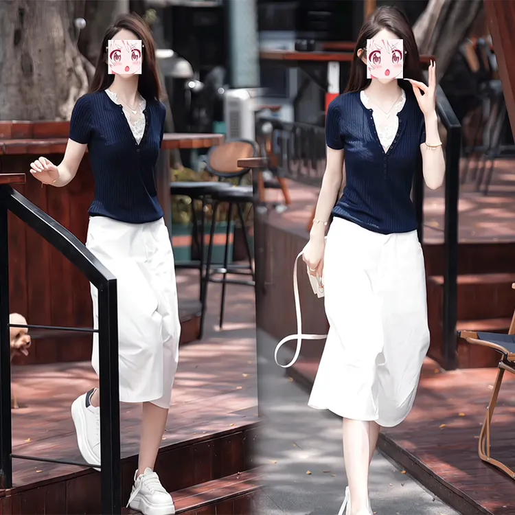 夏季薄款短袖针织衫高腰直筒休闲短裤显瘦韩版盐系气质两件套装女