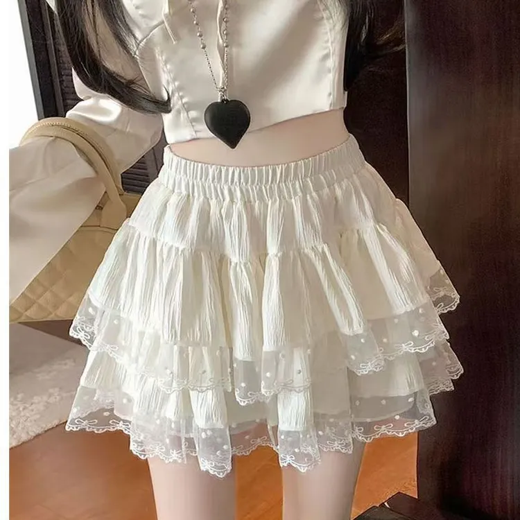 显瘦高腰甜辣蕾丝花边夏季2025女装白色短裙半身裙百搭设计感短款