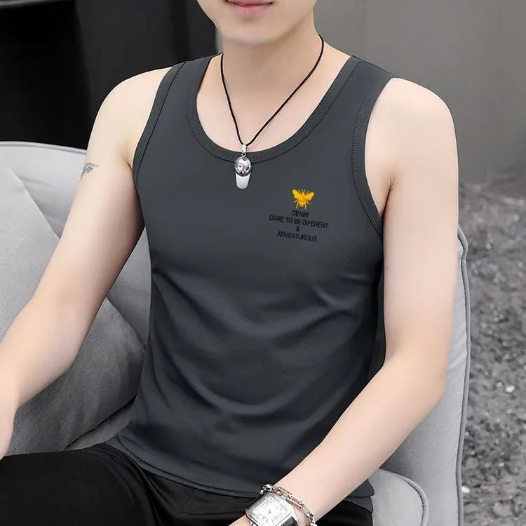 运动跑步圆领男士背心纯棉贴身时尚百搭印花休闲无袖男t恤打底衣