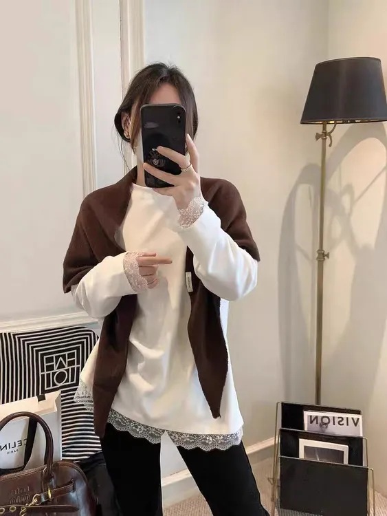 牛奶丝复合宝宝绒下摆拼蕾丝 加厚加绒宽松遮屁股长T