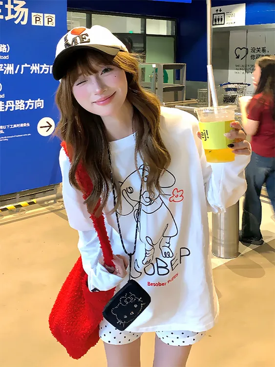 美式复古长袖t恤女早秋小狗印花圆领卫衣宽松休闲纯棉薄款上衣ins