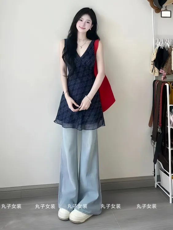 女装夏装套装2025新款爆款温柔风雪纺无袖上衣气质显瘦牛仔阔腿裤