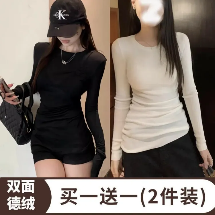 希欢高级双面绒正肩显瘦加长款长袖修身上衣可外穿内搭女秋冬上衣