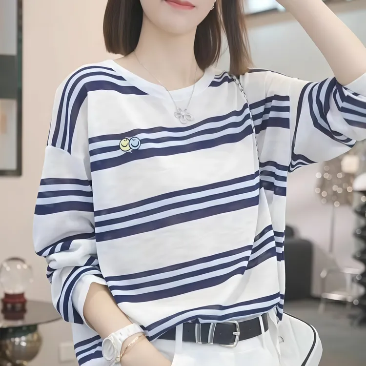 职业阿玛诗官2025秋季新款条纹宽松长袖T恤衫女装韩版针织衫罩衫