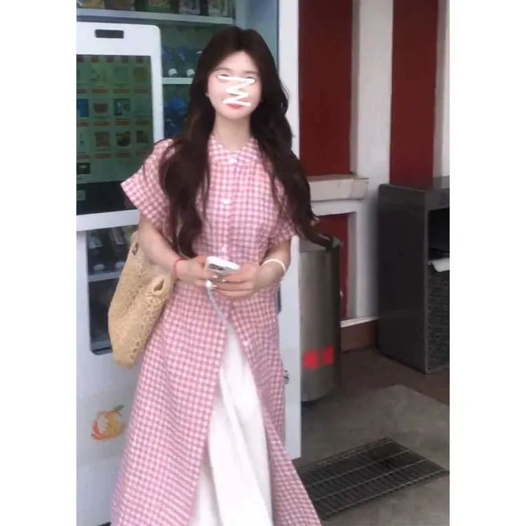 法式复古格纹开叉宽松衬衫长裙蕾丝拼接半身裙两件套装女夏季新款