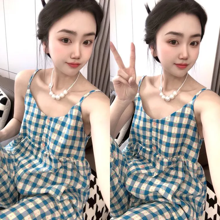 范哲萨2025夏季蓝格子吊带睡衣女士大码套装家居服可外穿显瘦时尚