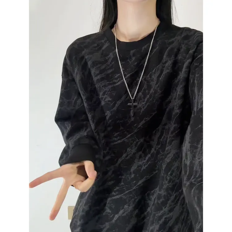 港风ins圆领印花卫衣男cleanfit复古扎染长袖T恤秋冬季大码套头衫