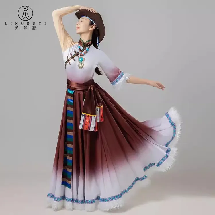 藏族舞蹈服民族舞蹈演出服藏族服装艺考练功大摆裙女半身裙新款