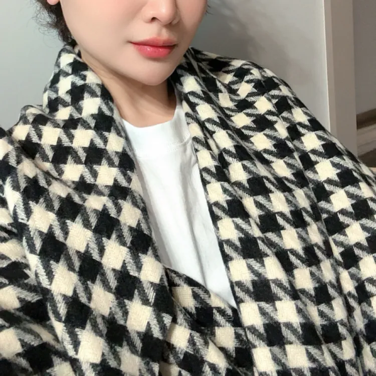 女厚款羊毛针织常规款百搭格子围脖情侣围巾保暖千鸟格