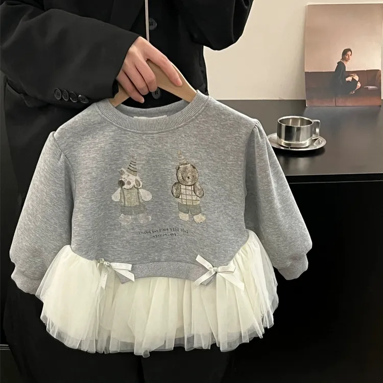 女童春装卫衣2025春季韩系可爱小熊印花上衣儿童网纱花边套头衫潮
