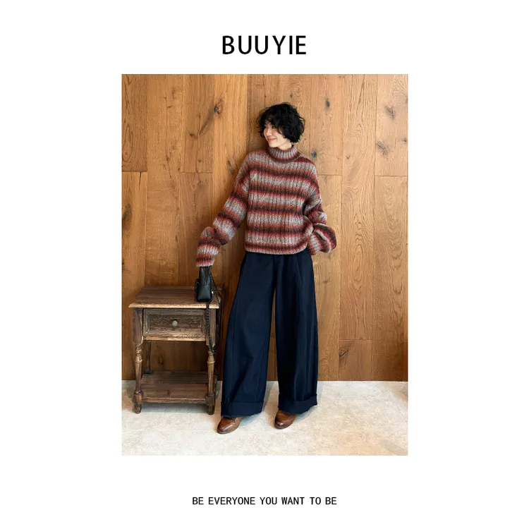 BUUYIE【烟织】冬季绵羊毛气质高级感彩条半高领长袖宽松毛衣251325