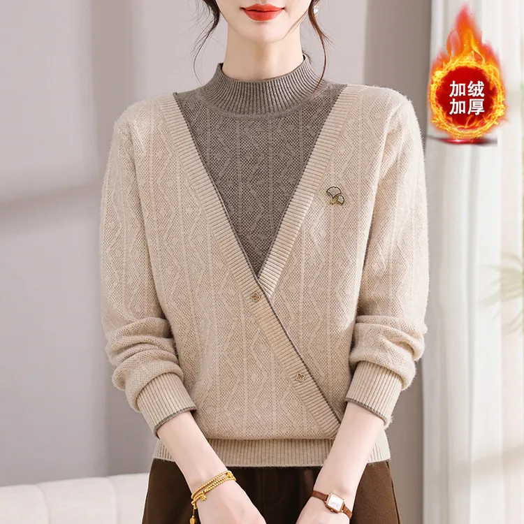 妈妈装2025冬季新款毛衣中老年女装洋气时髦加绒加厚打底针织小衫