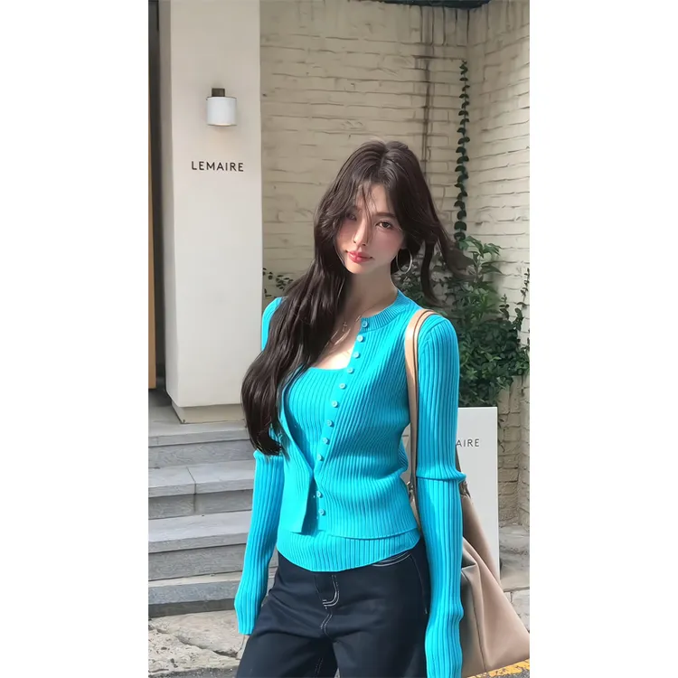 薄款防晒针织开衫纯色两件套短款外套上衣直筒宽松休闲垂感阔腿裤