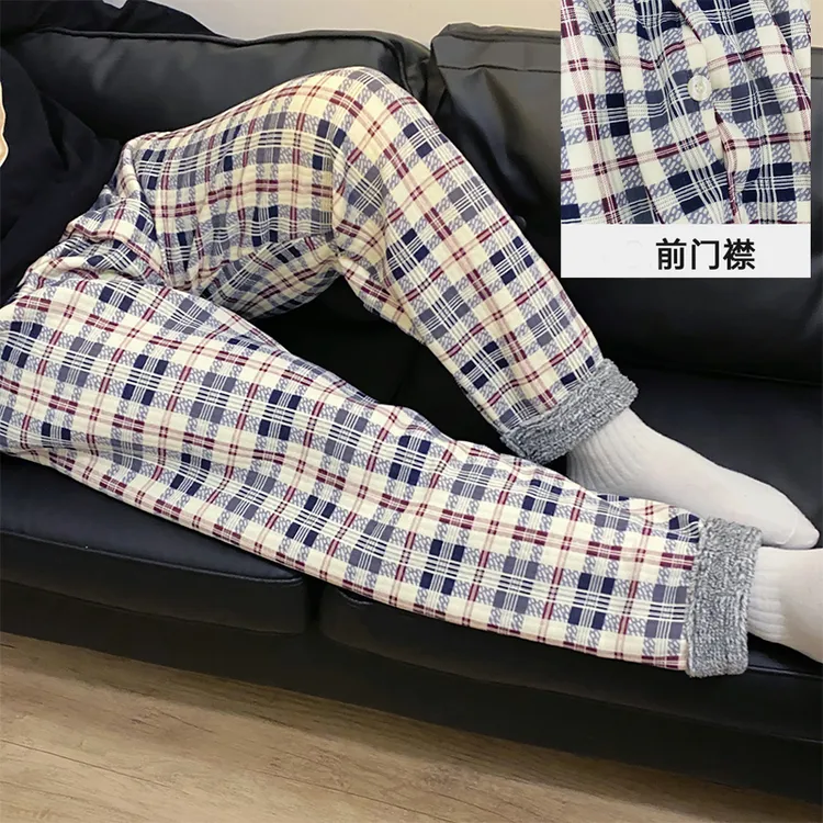 男款纯棉夹层睡裤春秋冬季休闲格子青中老年人家居暖裤门襟可穿外