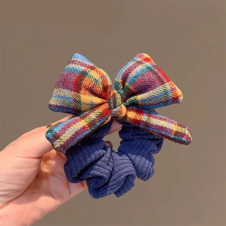 韩系2025新款高端彩虹格子蝴蝶结大肠发圈女丸子头皮筋低马尾发绳