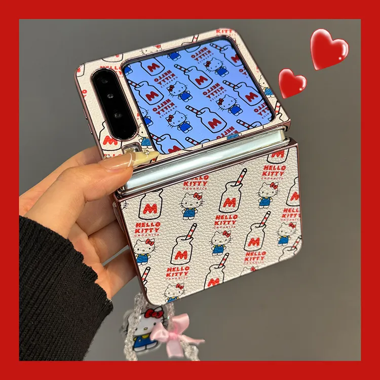 适用华为PuraX折叠屏手机壳电镀皮质pocket2碎花牛奶瓶kt猫链条女