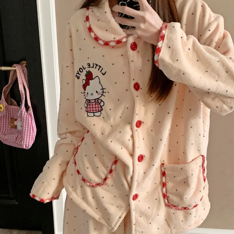 冬季天新款睡衣女法兰绒粉色可爱猫咪加厚保暖小个子珊瑚绒家居服