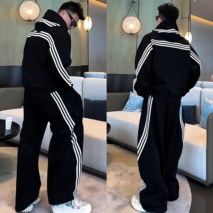 2025秋季潮牌条纹休闲运动套装男高档时尚宽松百搭卫衣卫裤两件套