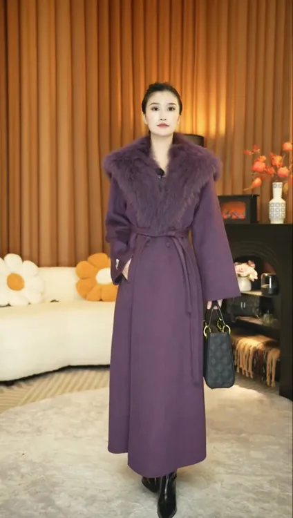 毛领长款秋冬设计师直下摆毛呢外套显瘦复古港风
