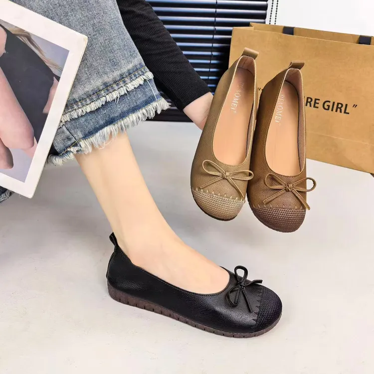 【优雅风】蝴蝶结拼皮透气浅口平底豆豆鞋 软皮软底防滑四季小皮鞋