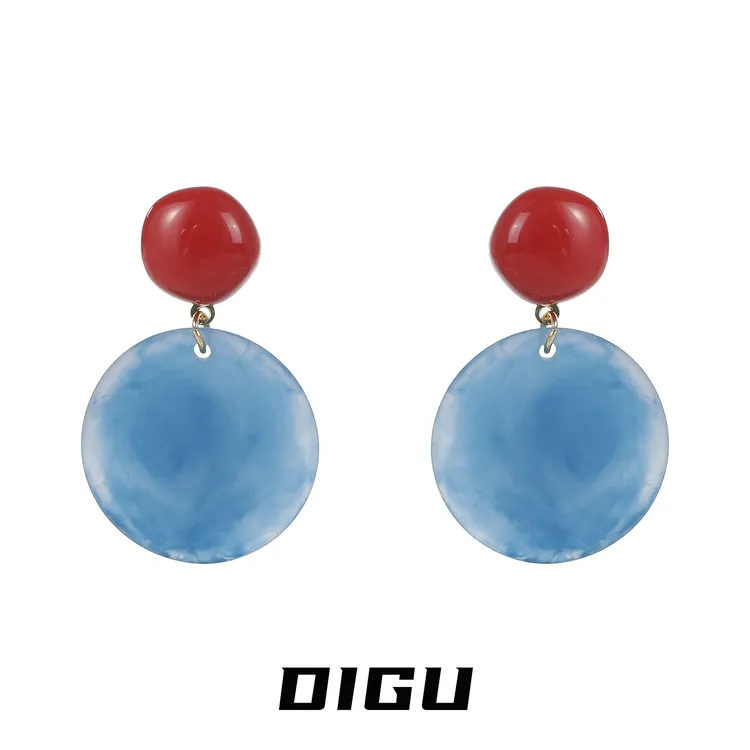 嘀咕家 铜合金亚克力耳饰 港风红蓝撞色圆形耳环气质耳钉独特耳饰