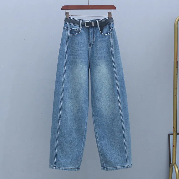 高腰弹力浅蓝色香蕉裤冬季加绒时尚牛仔裤2025年新款百搭弯刀裤女