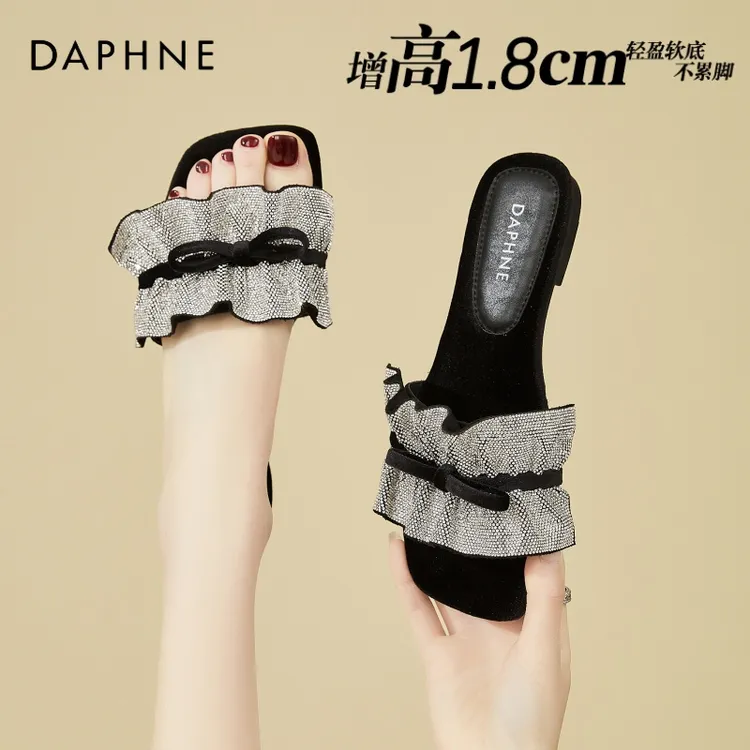 达芙妮法式蝴蝶结一字拖鞋女夏外穿2025新款露趾方头平底沙滩凉拖