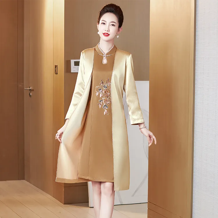 婚礼妈妈礼服2025春秋季婚宴妈妈装年轻高端假两件喜婆婆连衣裙